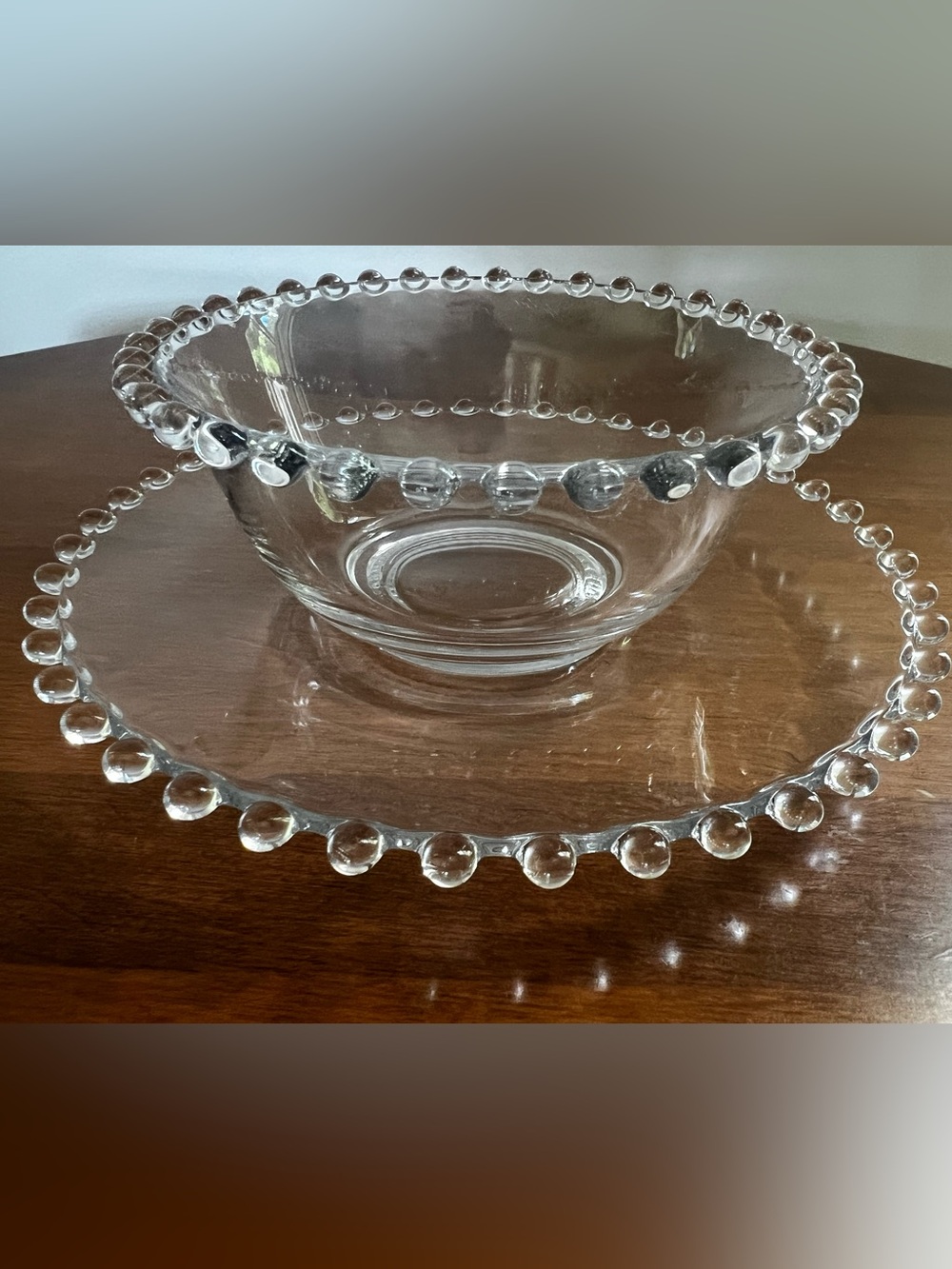 Vintage imperial Glass Beaded Bowl with Plate Set